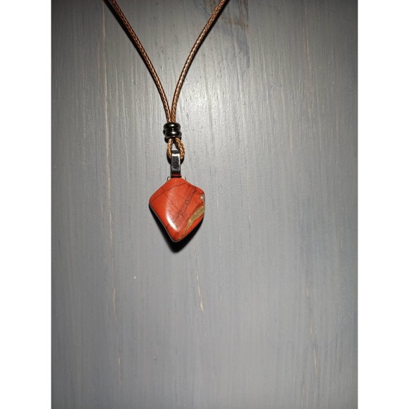 Artisan Jewelry - Brecciated Jasper Stone Pendant Necklace Brown Waxed Cord Adjustable 16.5in Boho